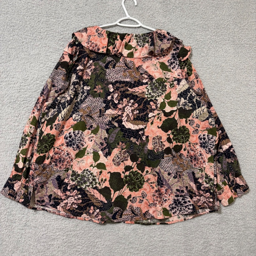 Work Casual Floral Button Front Blouse Cotton Blend 3X Side Slits Ruffle V-Neck‎ - Picture 7 of 10